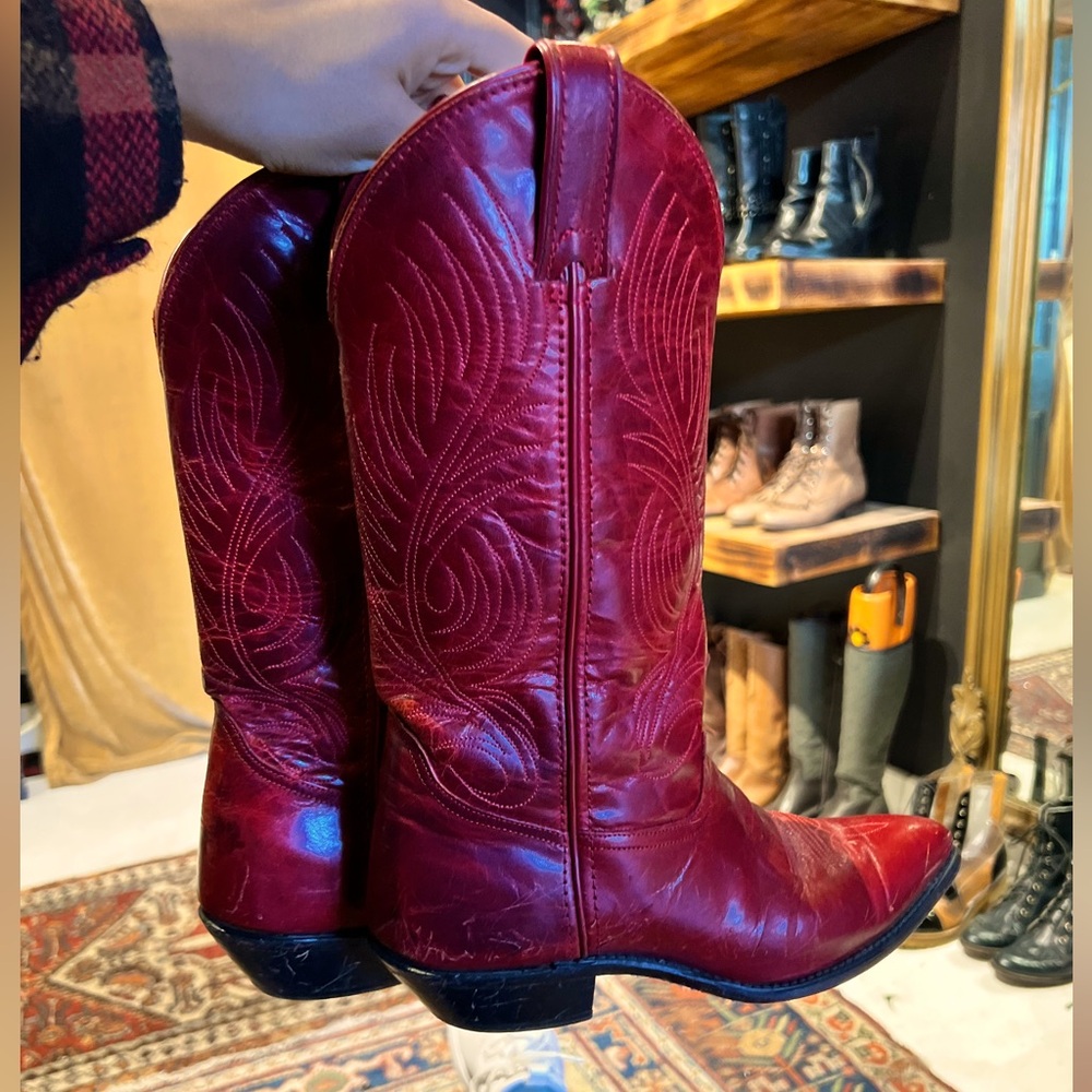 Red cowboy boots bought at a vintage shop